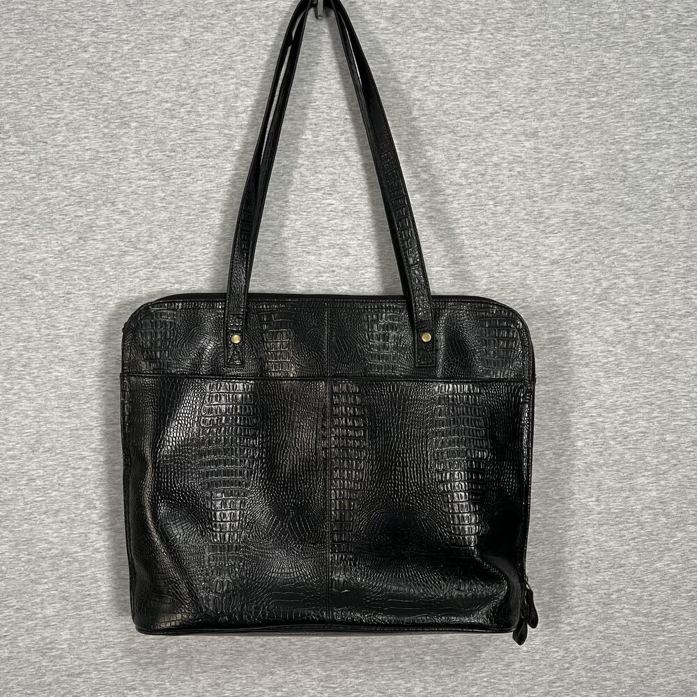 Bueno Croc‎ Embossed Shoulder Tote Bag Womens Black Zip Double Strap Laptop